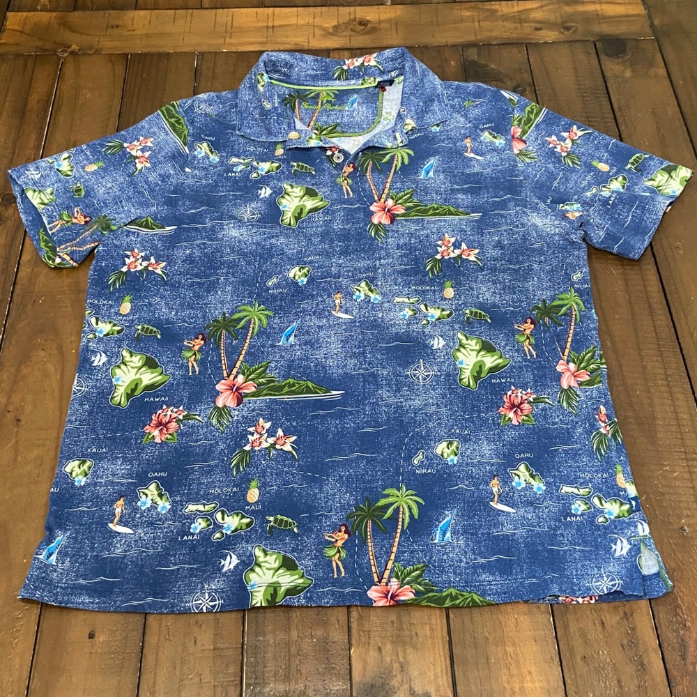 Tommy Bahama Mens Blue Hawaiian Map Print Cotton Polo Shirt Short Sleeve Medium